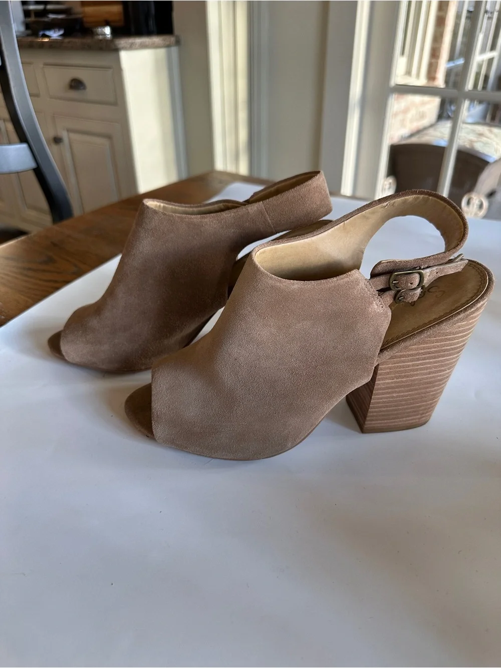 Splendid Women’s Kaylee Suede Peep-Toe Block Heel Slingback Booties- Tan Sz 9.5